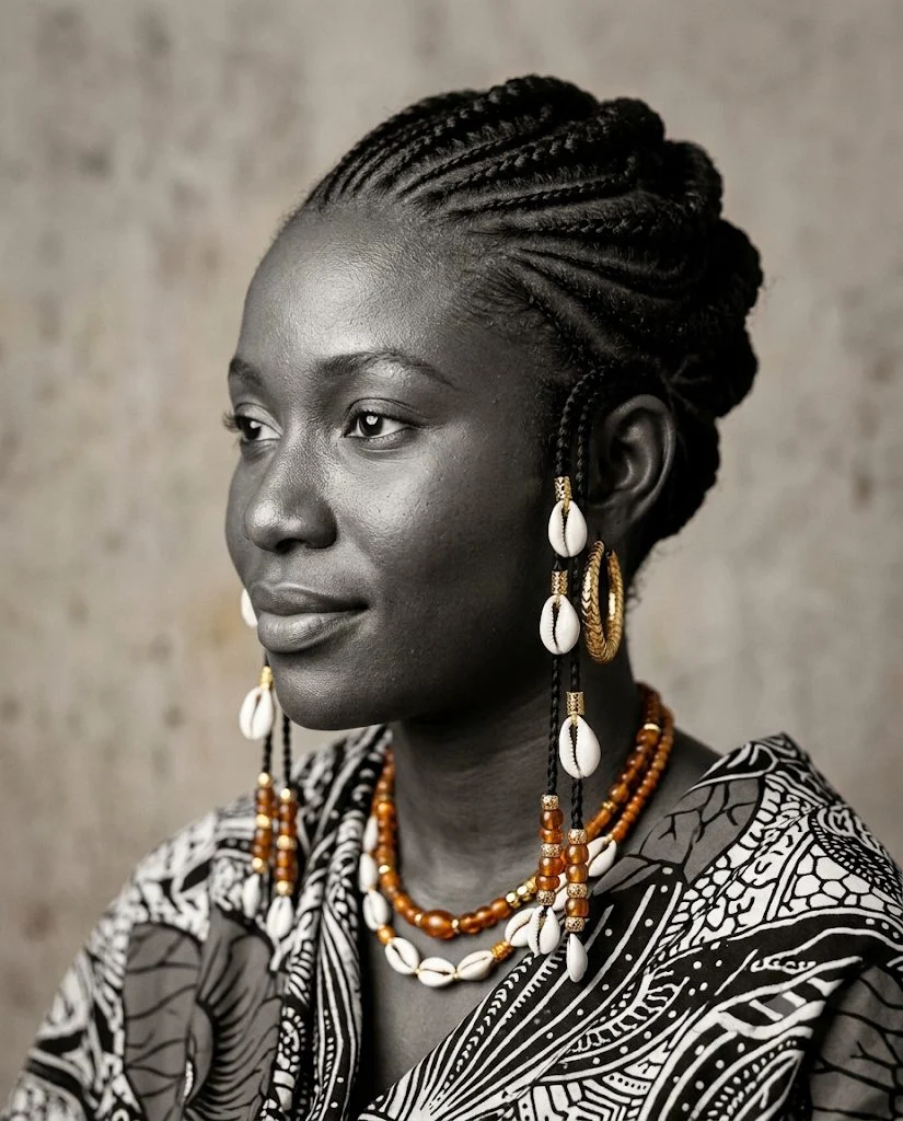 Woman with a sculpted cornrow crown, cowrie-shell earrings and amber necklace