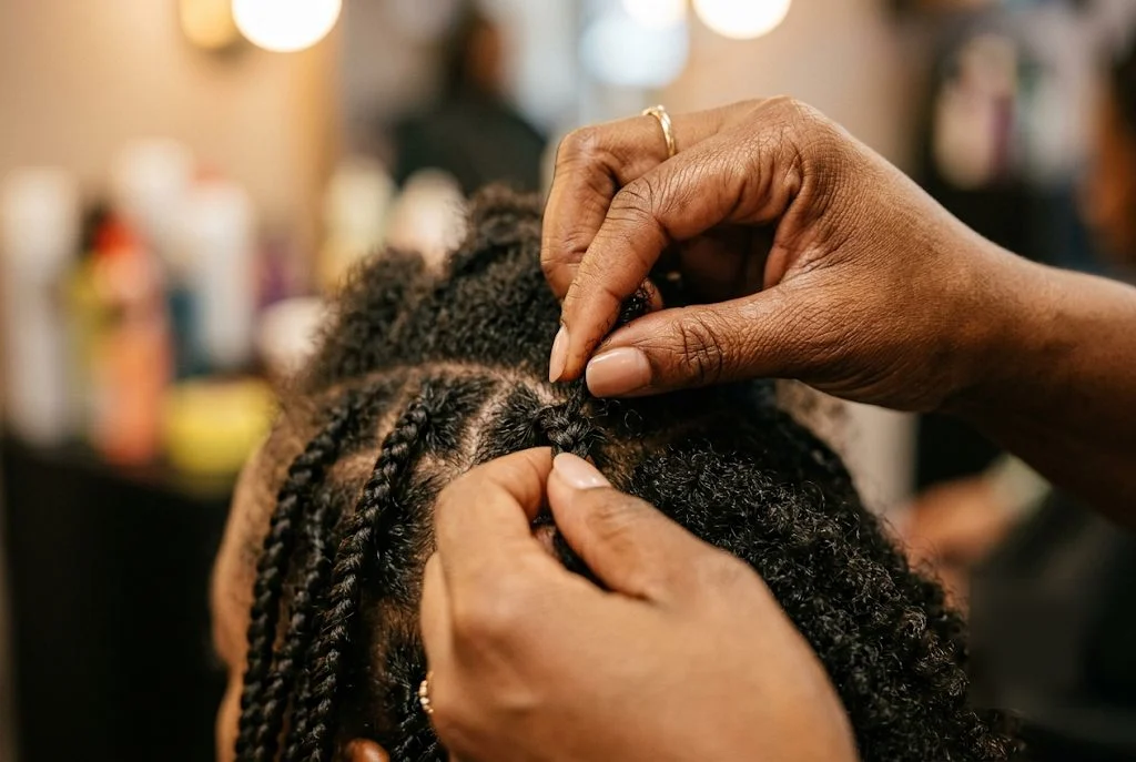 Close-up of a braider's hands weaving fine braids